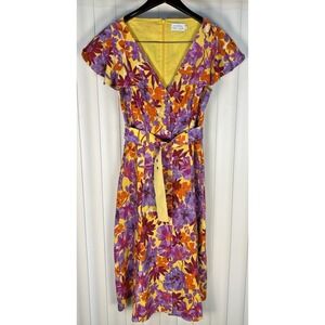 Tanya Taylor Inez Belted Floral Midi Dress Fit & Flare Size 6 Linen